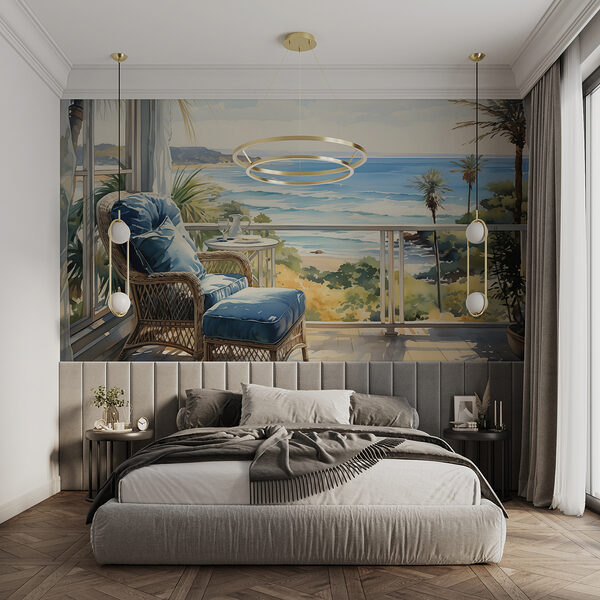Pintura em aguarela de uma cadeira e uma mesa numa varanda com vista para uma praia Pintura em aguarela de uma cadeira e uma mesa numa varanda com vista para uma praia