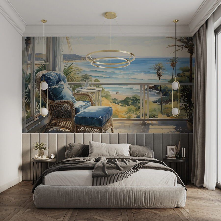 Pintura em aguarela de uma cadeira e uma mesa numa varanda com vista para uma praia