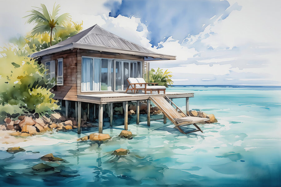 Pintura a aguarela de uma casa sobre estacas