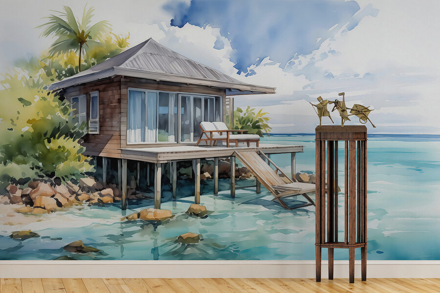 Pintura a aguarela de uma casa sobre estacas