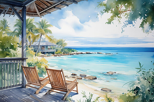 Pintura a aguarela de cadeiras num convés com vista para uma praia Pintura a aguarela de cadeiras num convés com vista para uma praia