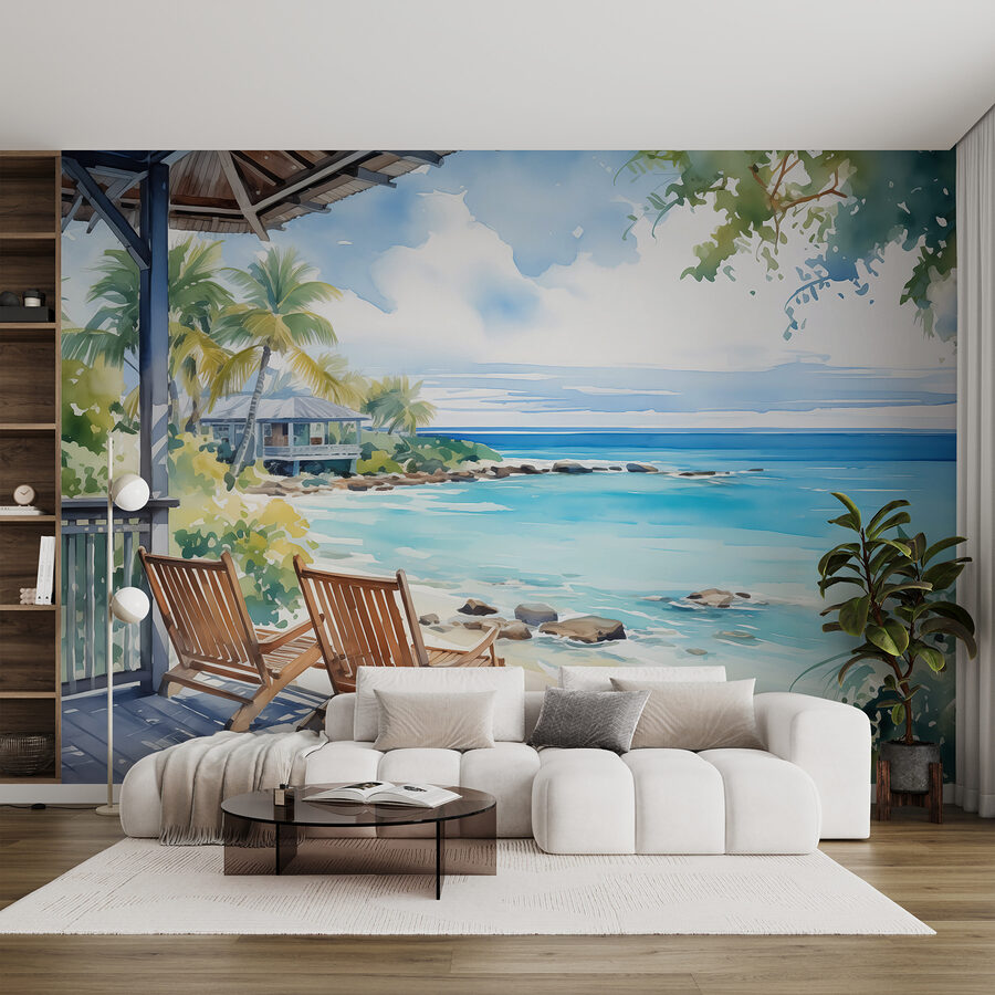Pintura a aguarela de cadeiras num convés com vista para uma praia