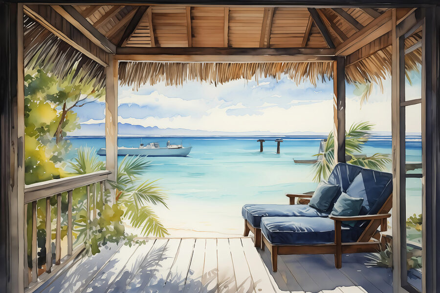 Papel de parede Pintura a aguarela de uma praia com cadeiras e um barco - Image 3