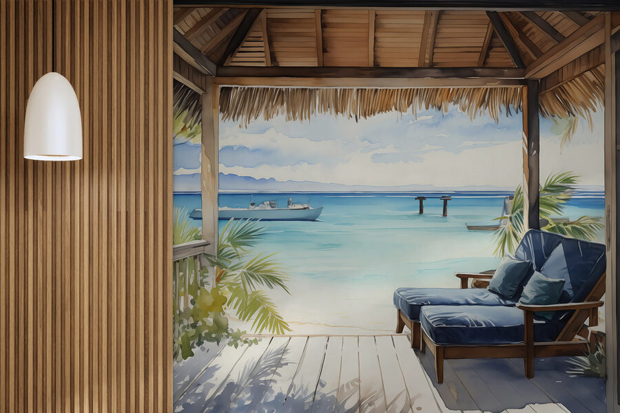 Papel de parede Pintura a aguarela de uma praia com cadeiras e um barco