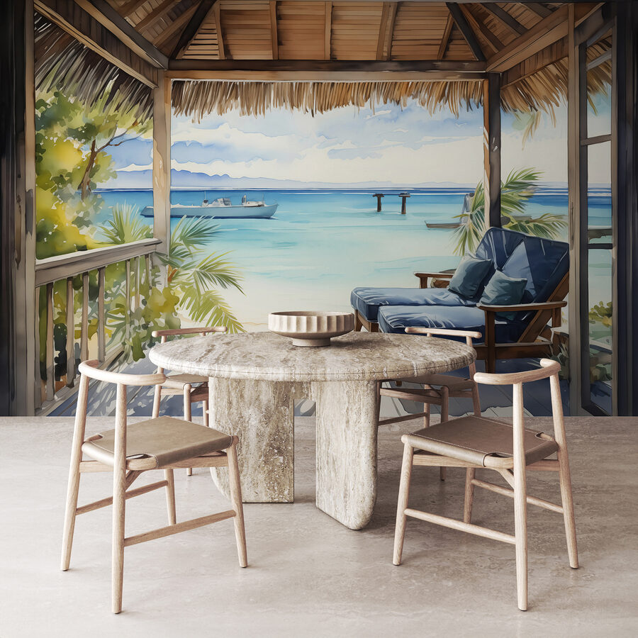 Papel de parede Pintura a aguarela de uma praia com cadeiras e um barco - Image 2