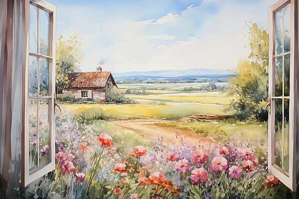 Pintura de uma casa e flores Pintura de uma casa e flores