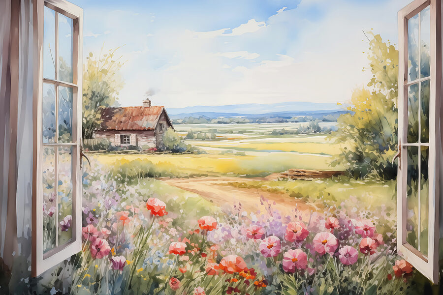 Pintura de uma casa e flores