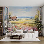 Pintura de uma casa e flores Papel de parede Pintura de uma casa e flores