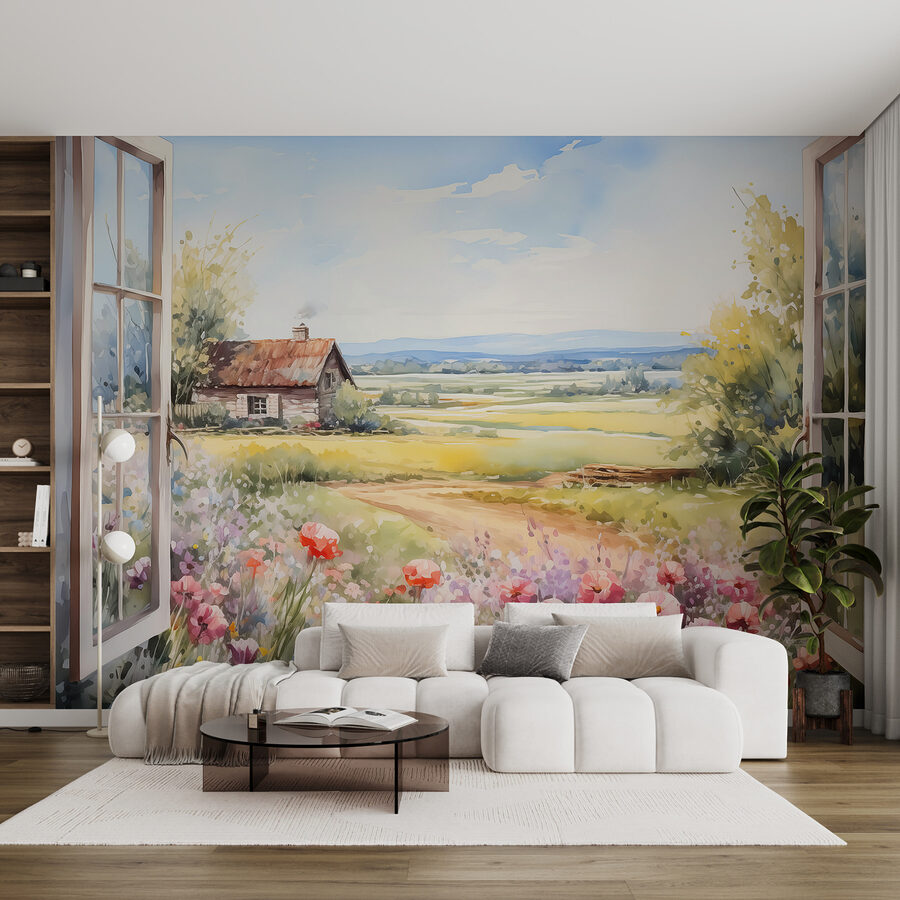 Pintura de uma casa e flores
