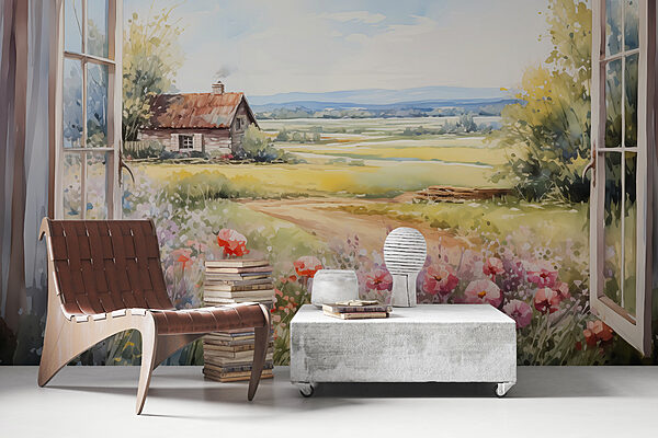 Pintura de uma casa e flores Pintura de uma casa e flores
