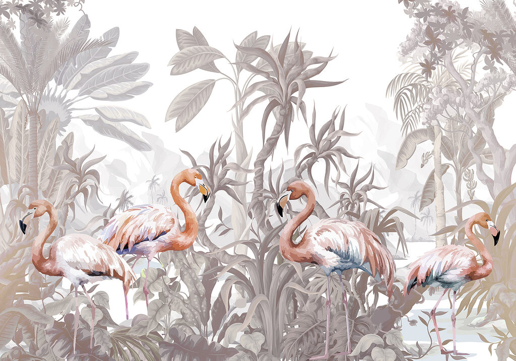 Group of flamingos in a forest Group of flamingos in a forest