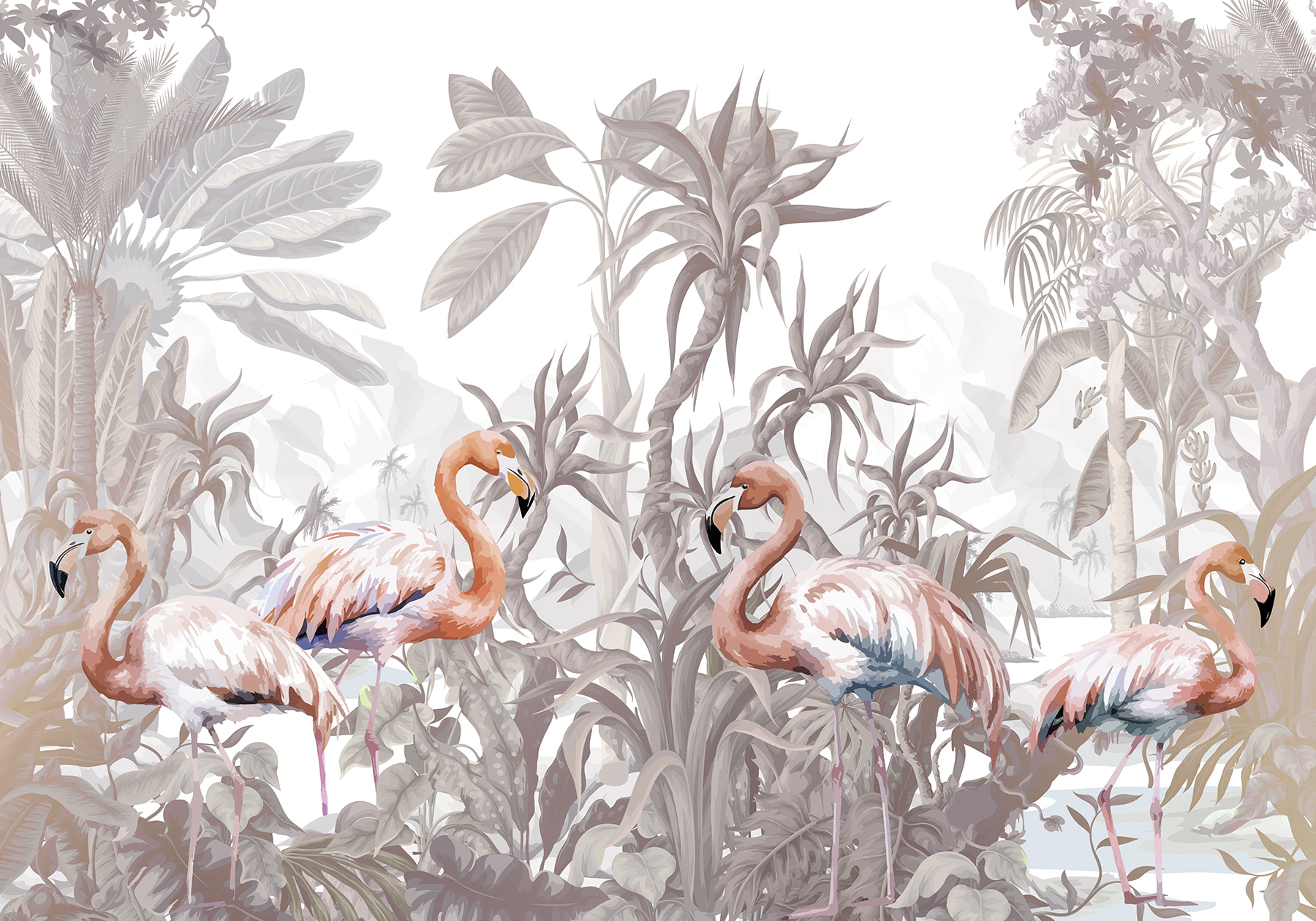Group of flamingos in a forest Group of flamingos in a forest