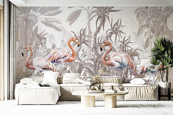 Papel de parede Grupo de flamingos numa floresta (REF: w08250) Papel de parede Papel de parede Grupo de flamingos numa floresta (REF: w08250)