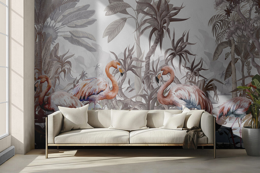 Group of flamingos in a forest Group of flamingos in a forest