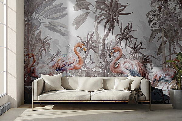 Group of flamingos in a forest Group of flamingos in a forest