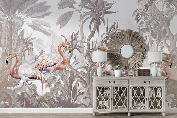 Group of flamingos in a forest Group of flamingos in a forest