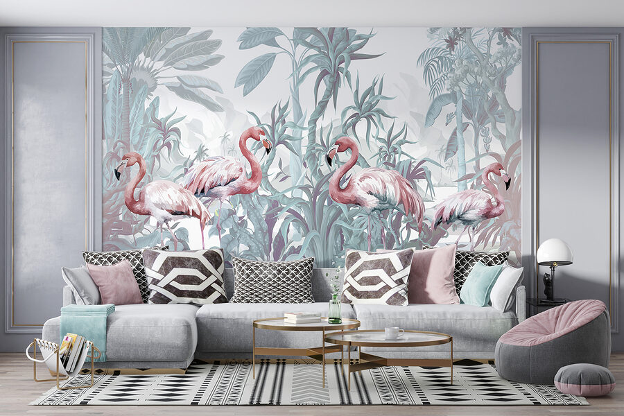 Papel de parede Grupo de flamingos numa selva