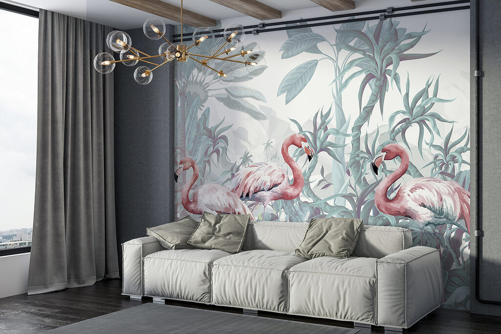 Group of flamingos in a jungle