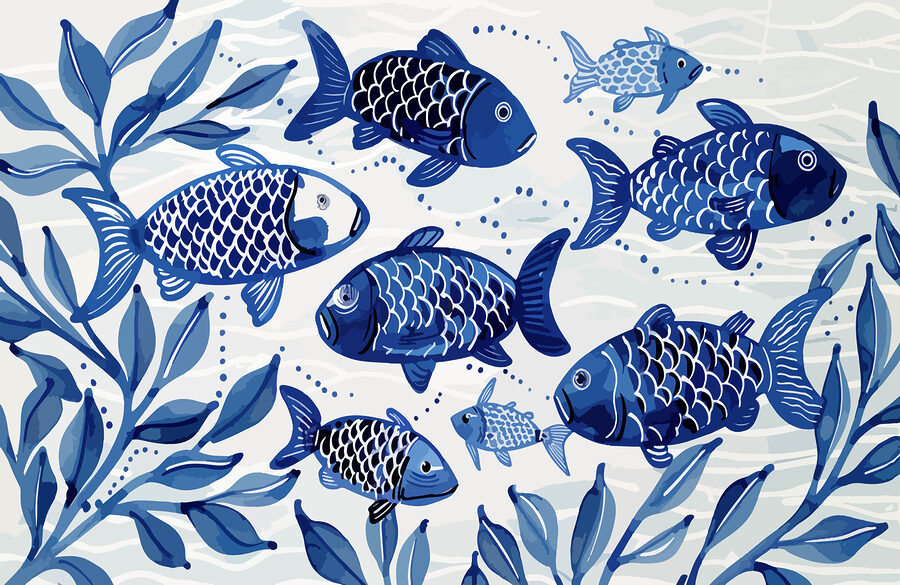 Grupo de peixes azuis a nadar na água