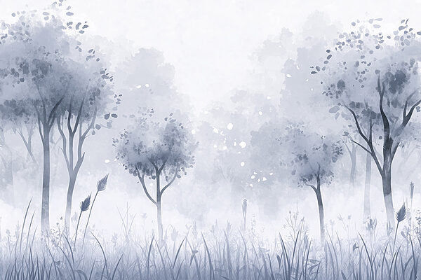 Foggy forest with trees and grass