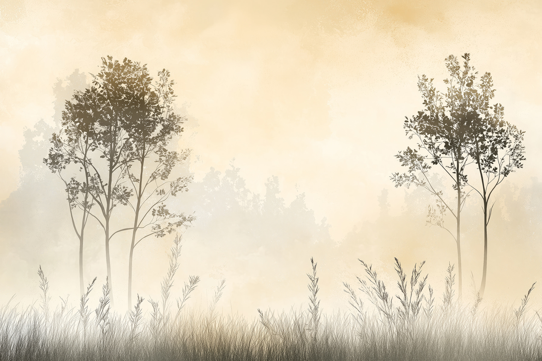 Foggy landscape with trees and grass Foggy landscape with trees and grass
