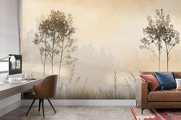 Foggy landscape with trees and grass Foggy landscape with trees and grass