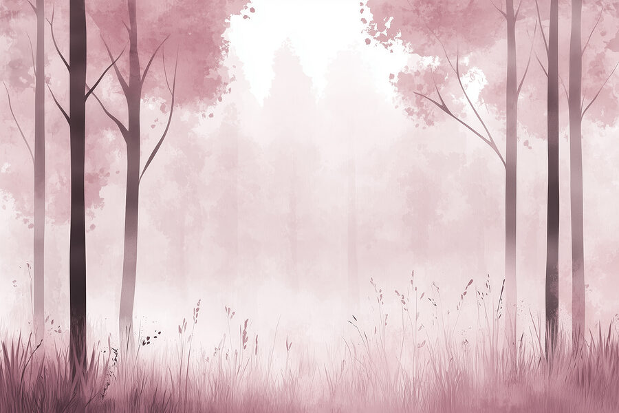 Floresta enevoada com árvores cor-de-rosa