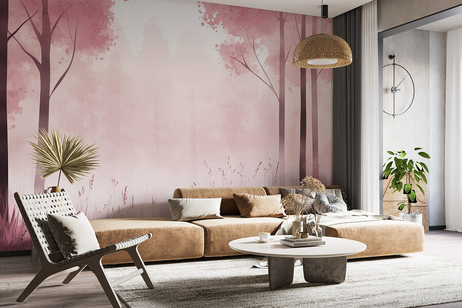 Floresta enevoada com árvores cor-de-rosa