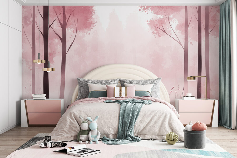 Floresta enevoada com árvores cor-de-rosa