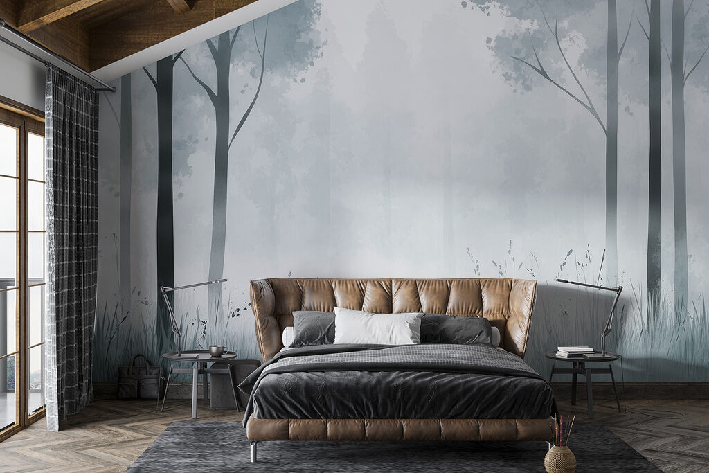 Foggy forest with trees and grass