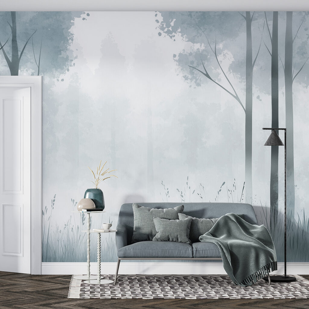 Foggy forest with trees and grass