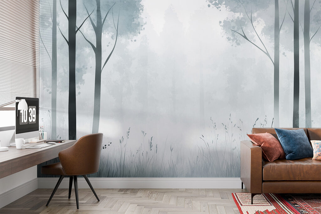 Foggy forest with trees and grass