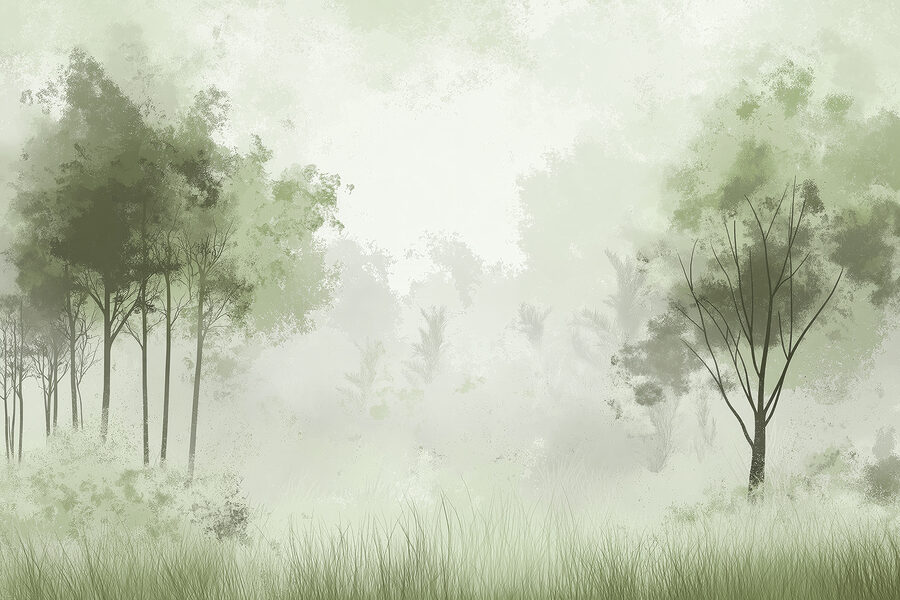 Floresta com nevoeiro e árvores
