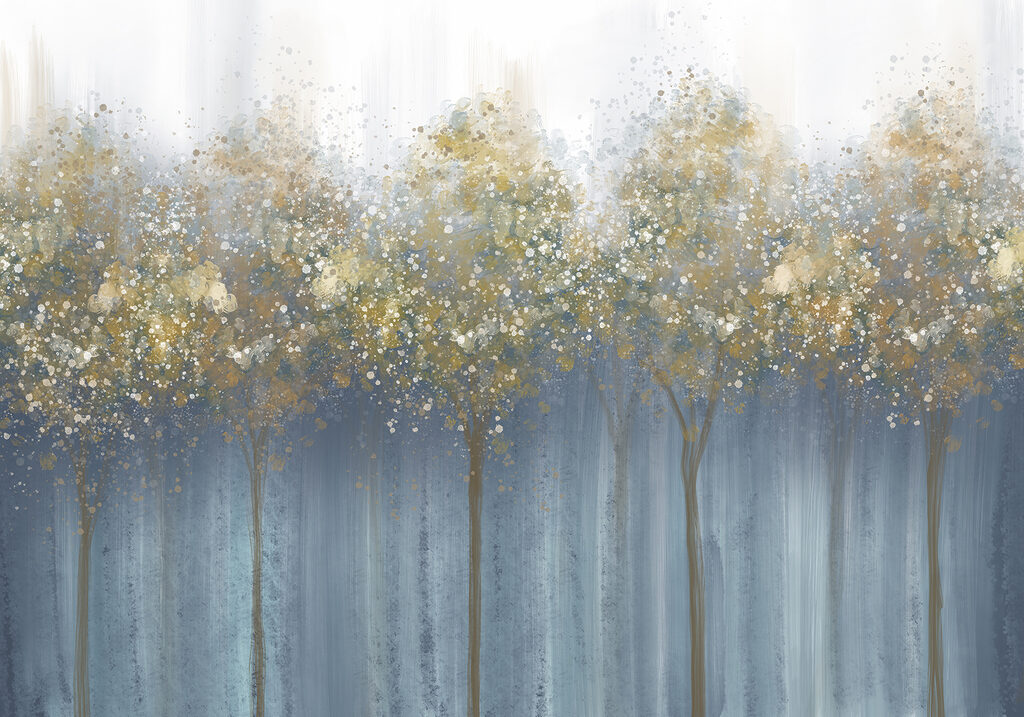 Pintura de árvores numa floresta com nevoeiro Pintura de árvores numa floresta com nevoeiro