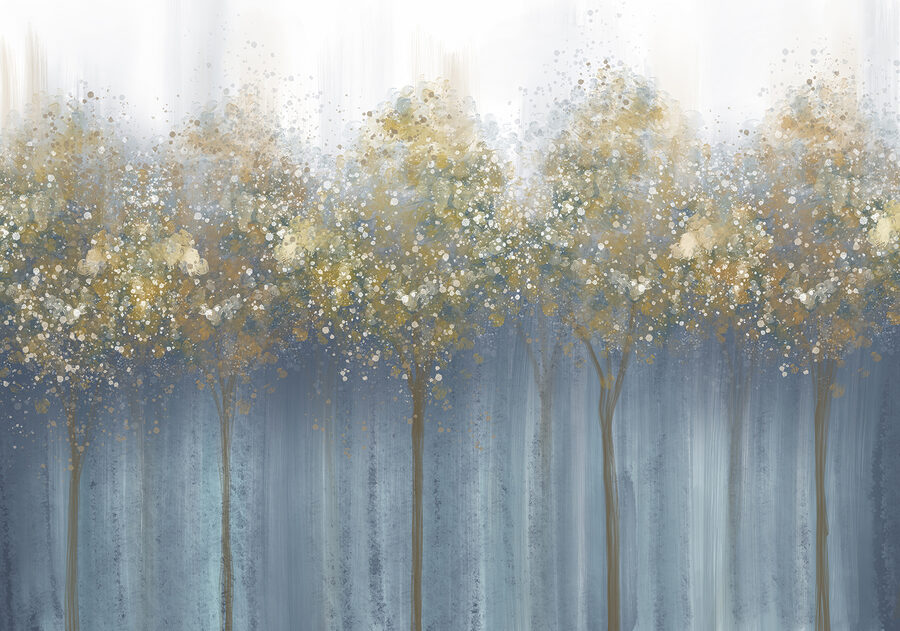 Pintura de árvores numa floresta com nevoeiro