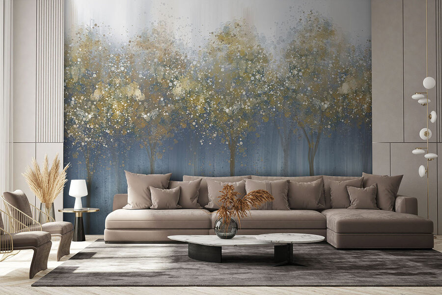 Pintura de árvores numa floresta com nevoeiro