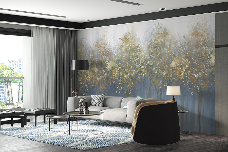 Pintura de árvores numa floresta com nevoeiro