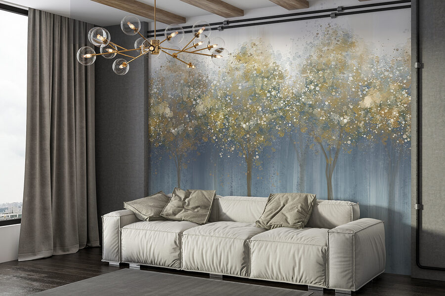 Pintura de árvores numa floresta com nevoeiro