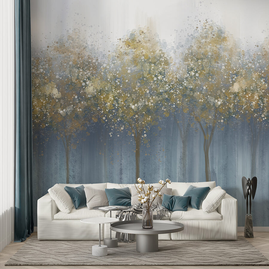 Pintura de árvores numa floresta com nevoeiro