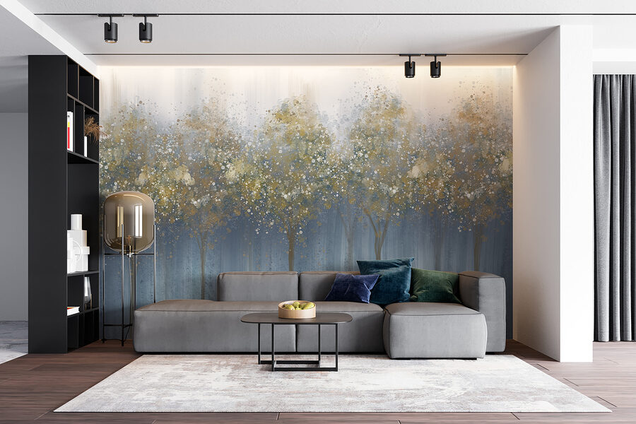 Pintura de árvores numa floresta com nevoeiro