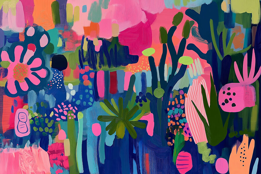 Pintura colorida de plantas e flores