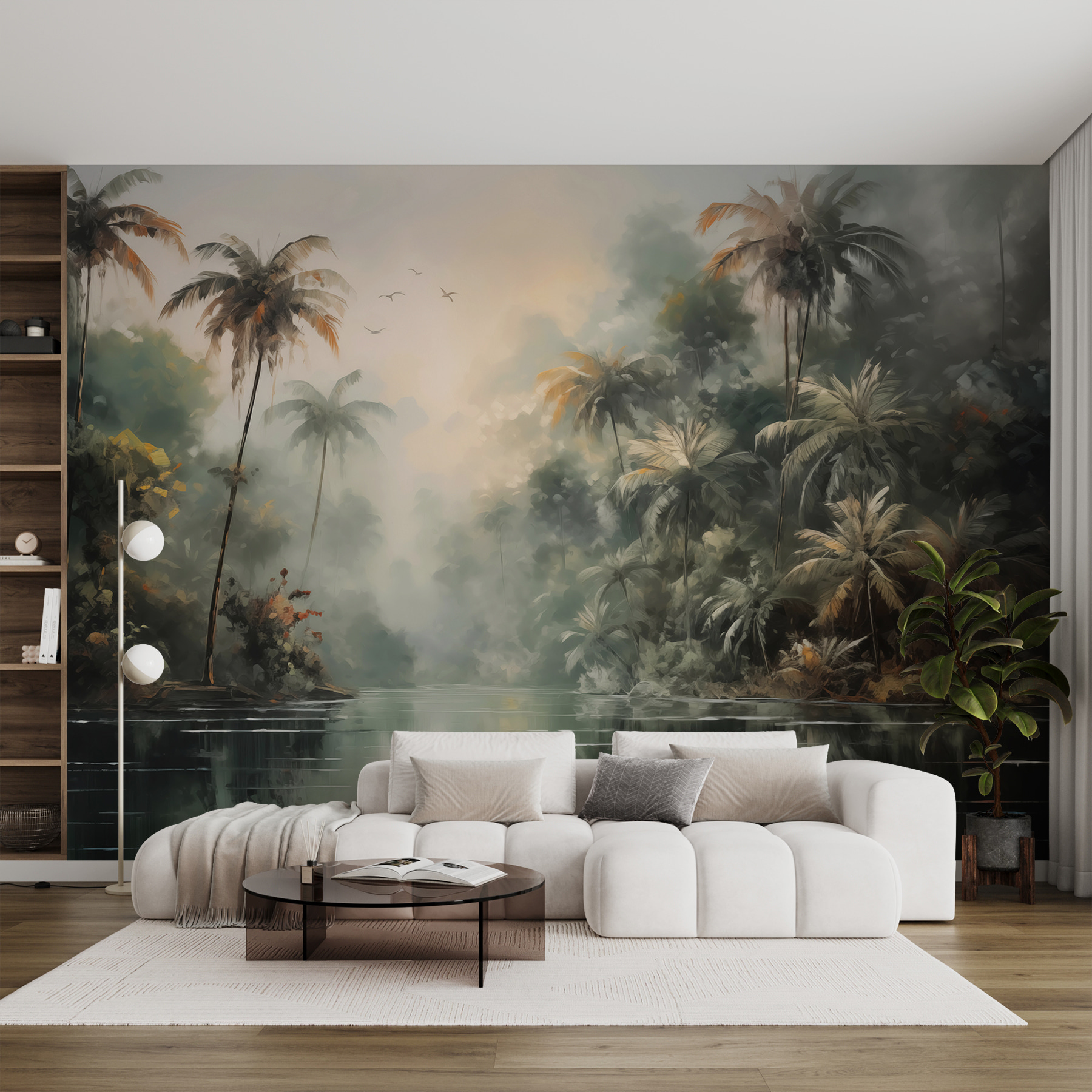 Water with palm trees and birds flying