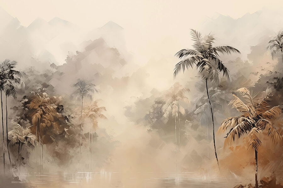 Pintura de uma floresta com árvores e nevoeiro
