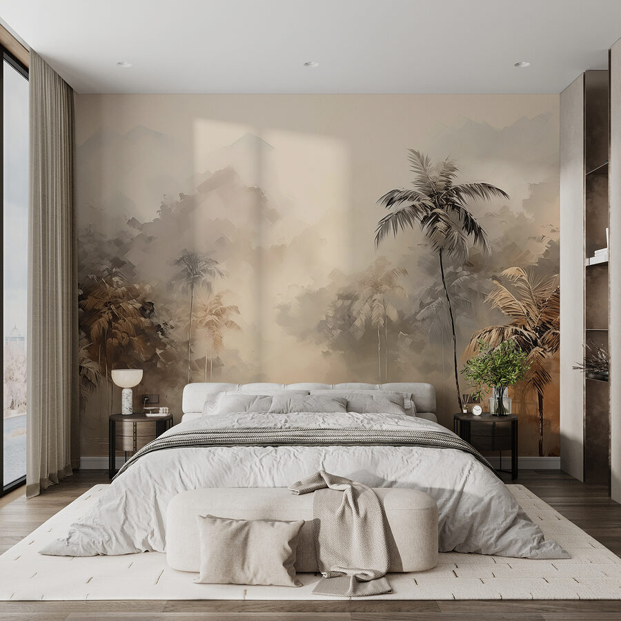 Pintura de uma floresta com árvores e nevoeiro