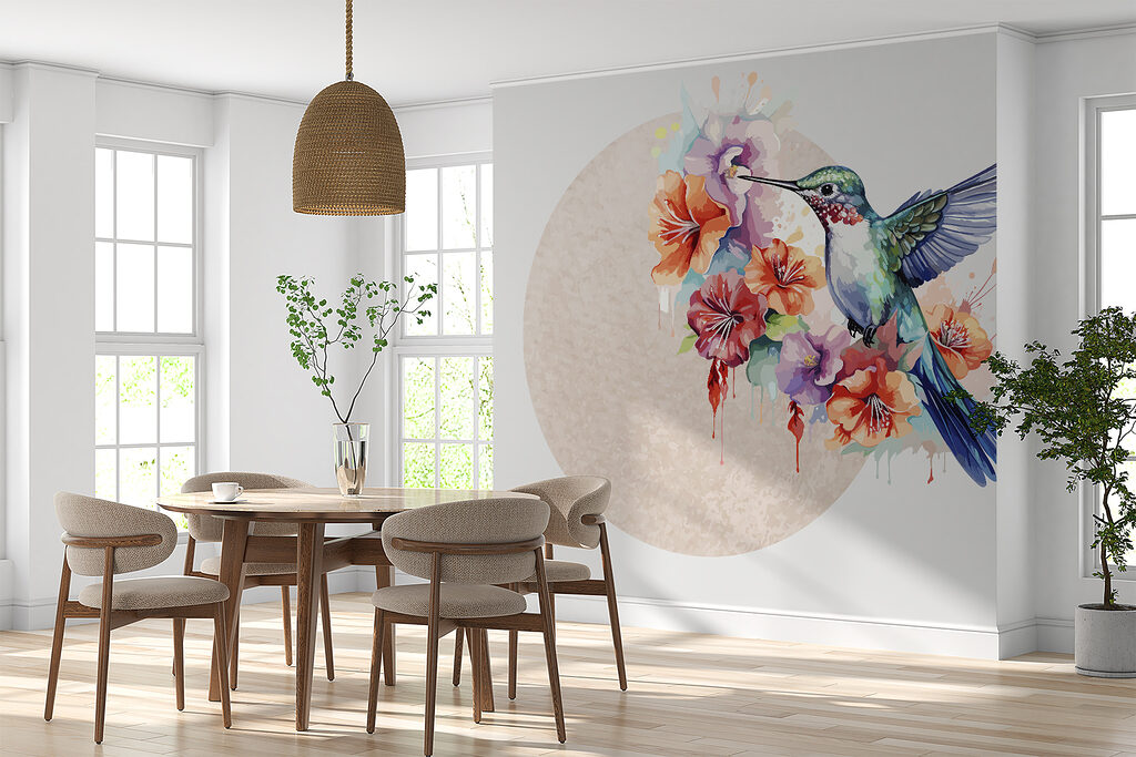 Hummingbird flying over flowers