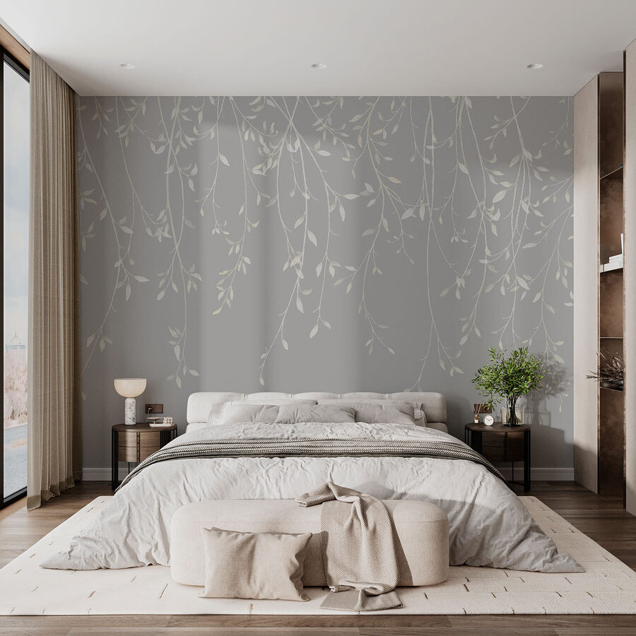 Fundo branco e cinzento com folhas