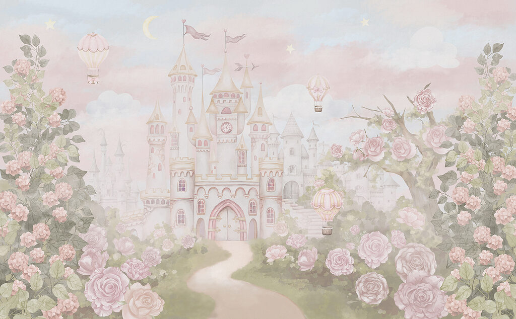 Castle with flowers and hot air balloons