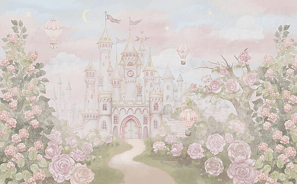 Castle with flowers and hot air balloons