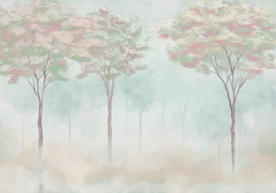 Grupo de árvores numa floresta com nevoeiro