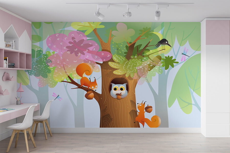 Papel de parede Desenho animado de animais numa árvore